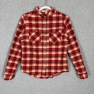 Stio Flannel Shirt Womens Small Red Orange Sunset Plaid Midweight Organic Cotton